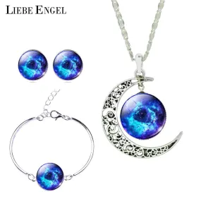 LIEBE ENGEL Newest Silver Color Jewelry Glass Galaxy Jewelry Sets  Statement Necklace Stud Earrings Bangles Bracelets For Women