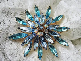 LOVELY Huge Layered Art Glass Rhinestone Brooch Pin,Floral Design,Aqua Blue,Blue and Aurora Borealis Stones, Mid Century,Collectible Jewelry