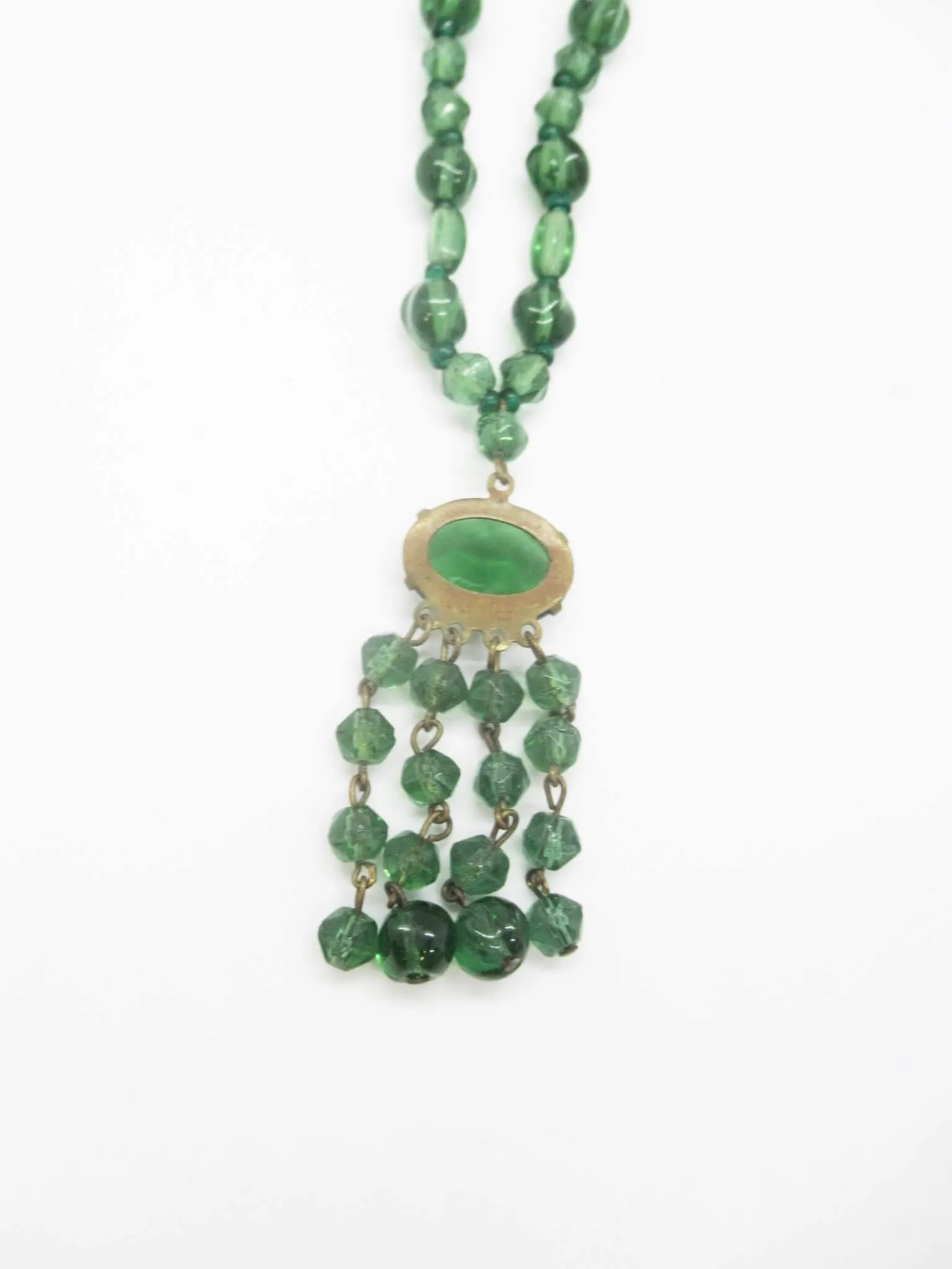 Lovely Long Deco Green Beaded Necklace with Drops