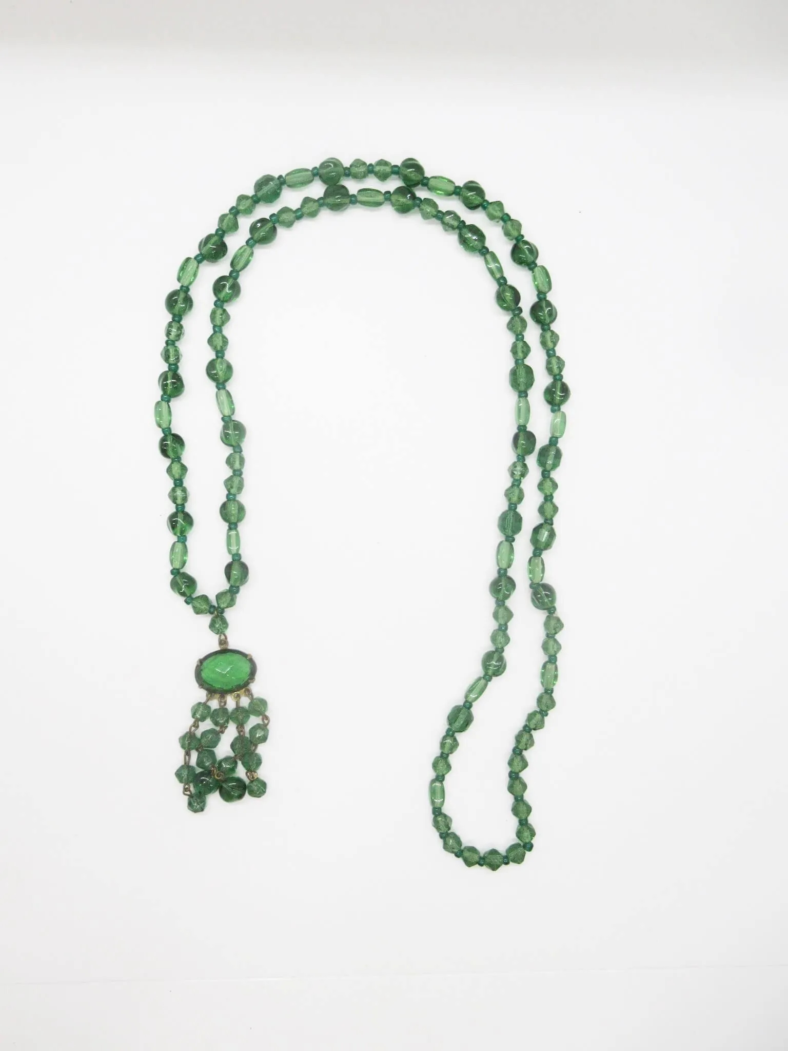 Lovely Long Deco Green Beaded Necklace with Drops