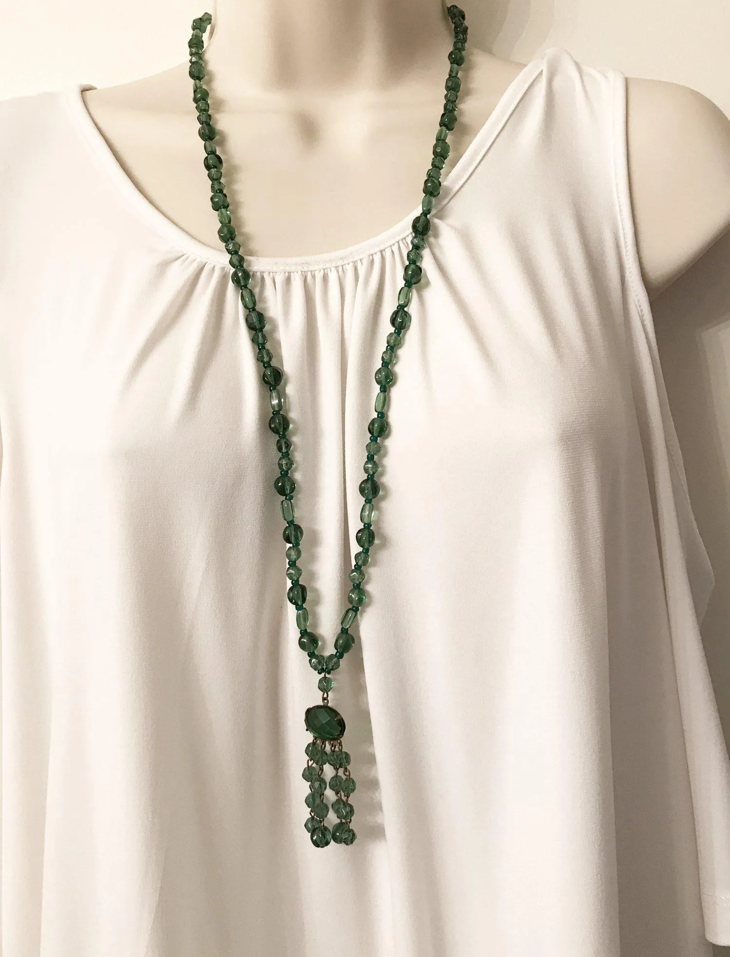 Lovely Long Deco Green Beaded Necklace with Drops