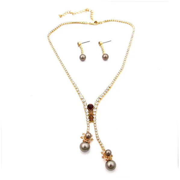 LUX Swarovski Rhinestone and Pearl Y Necklace Earrings Set