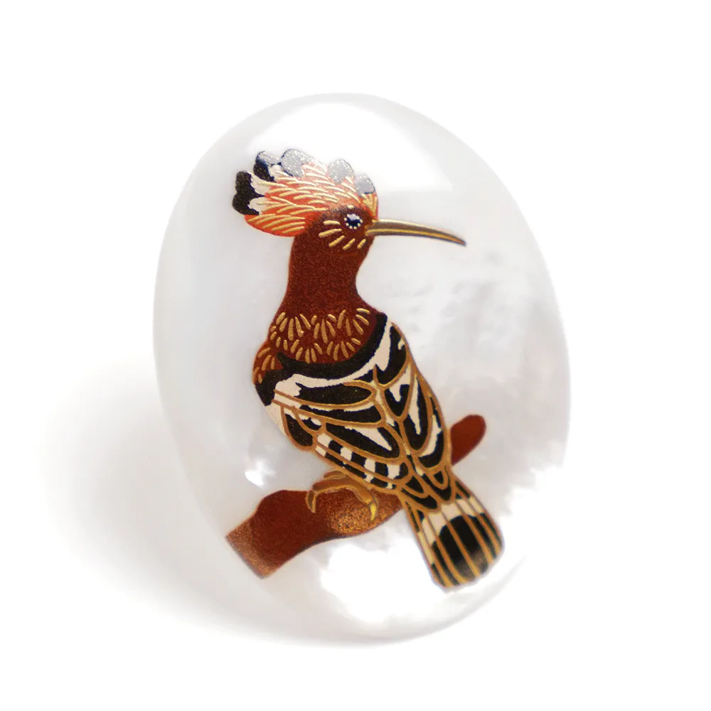Maki-e Urushi Lacquer Brooch - White South Sea Pearl Shell / Hoopoe -, Traditional Japanese Urushi Lacquer Jewelry