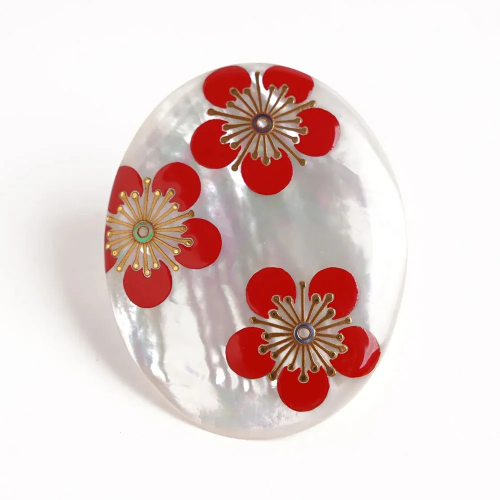 Maki-e Urushi Lacquer Brooch - White South Sea Pearl Shell / Plum -, Traditional Japanese Urushi Lacquer Jewelry