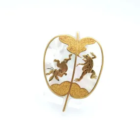 Maki-e Urushi Lacquer Brooch - White South Sea Pearl Shell / "Choju-giga" rabbit and frog -, Traditional Japanese Urushi Lacquer Jewelry