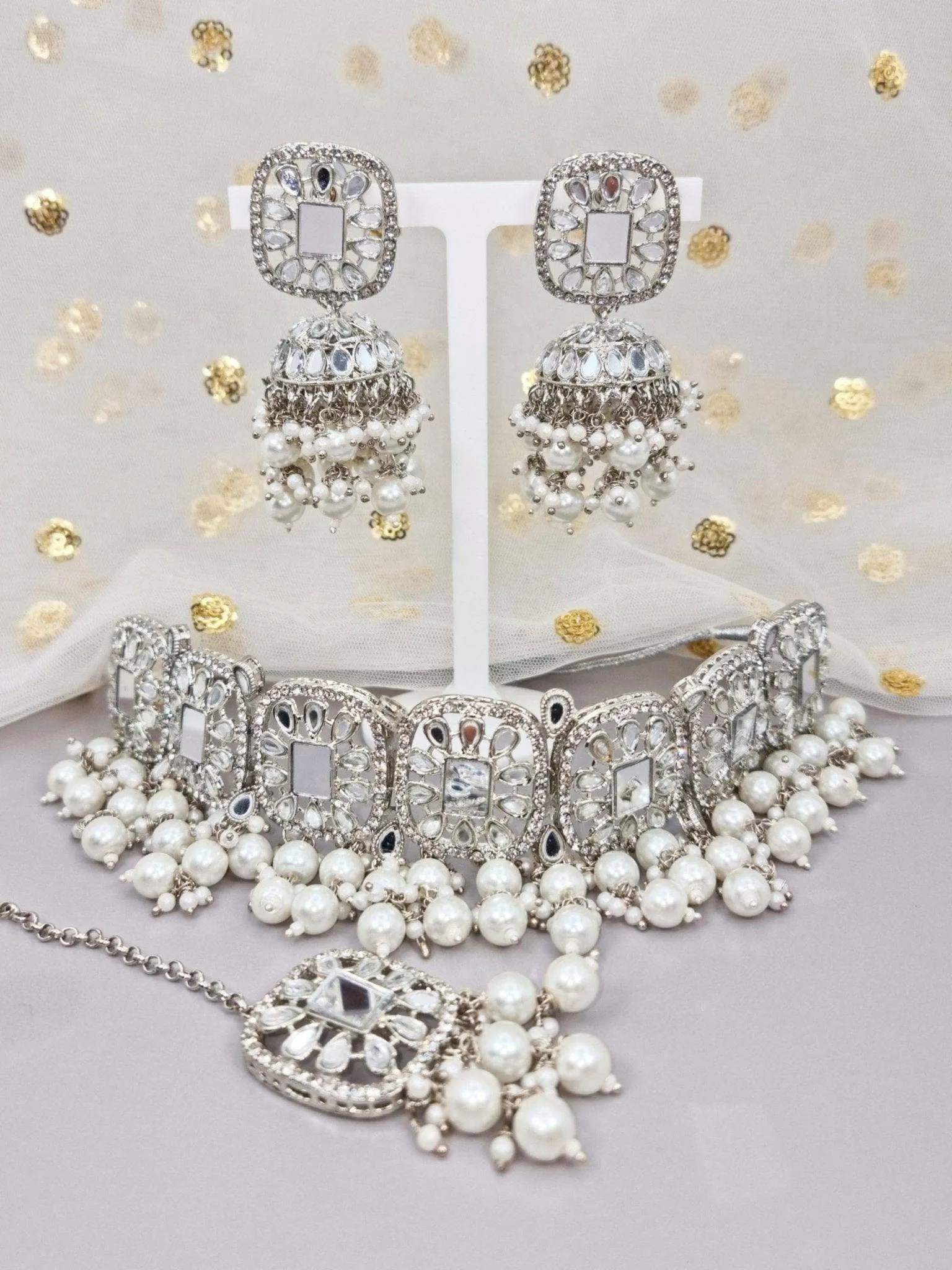 MAYA - Beautiful Antique Gold Mirrored Bridal Necklace Set