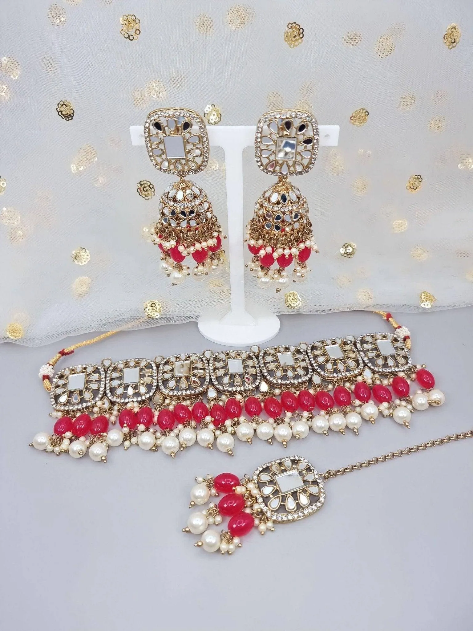 MAYA - Beautiful Antique Gold Mirrored Bridal Necklace Set