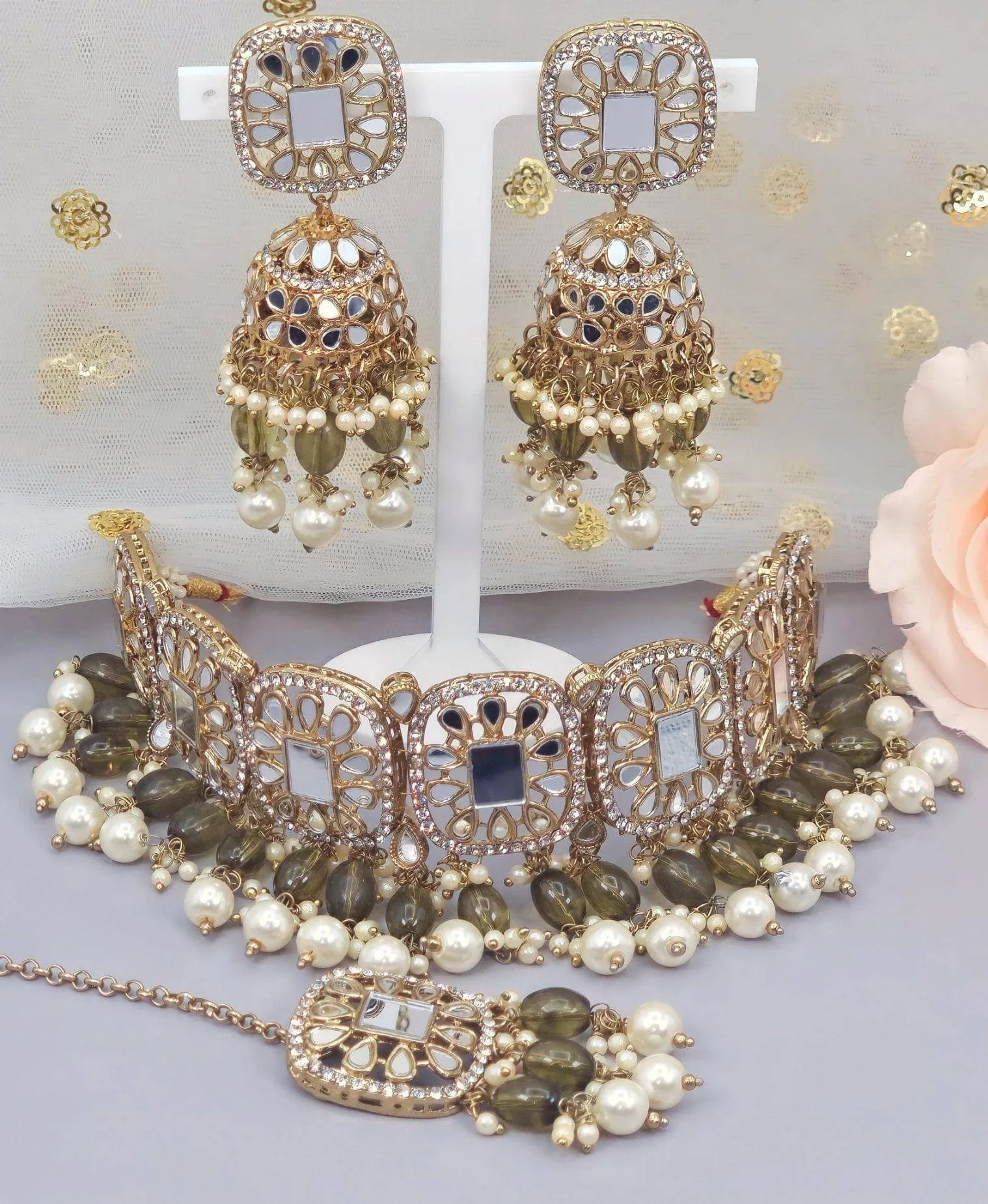MAYA - Beautiful Antique Gold Mirrored Bridal Necklace Set