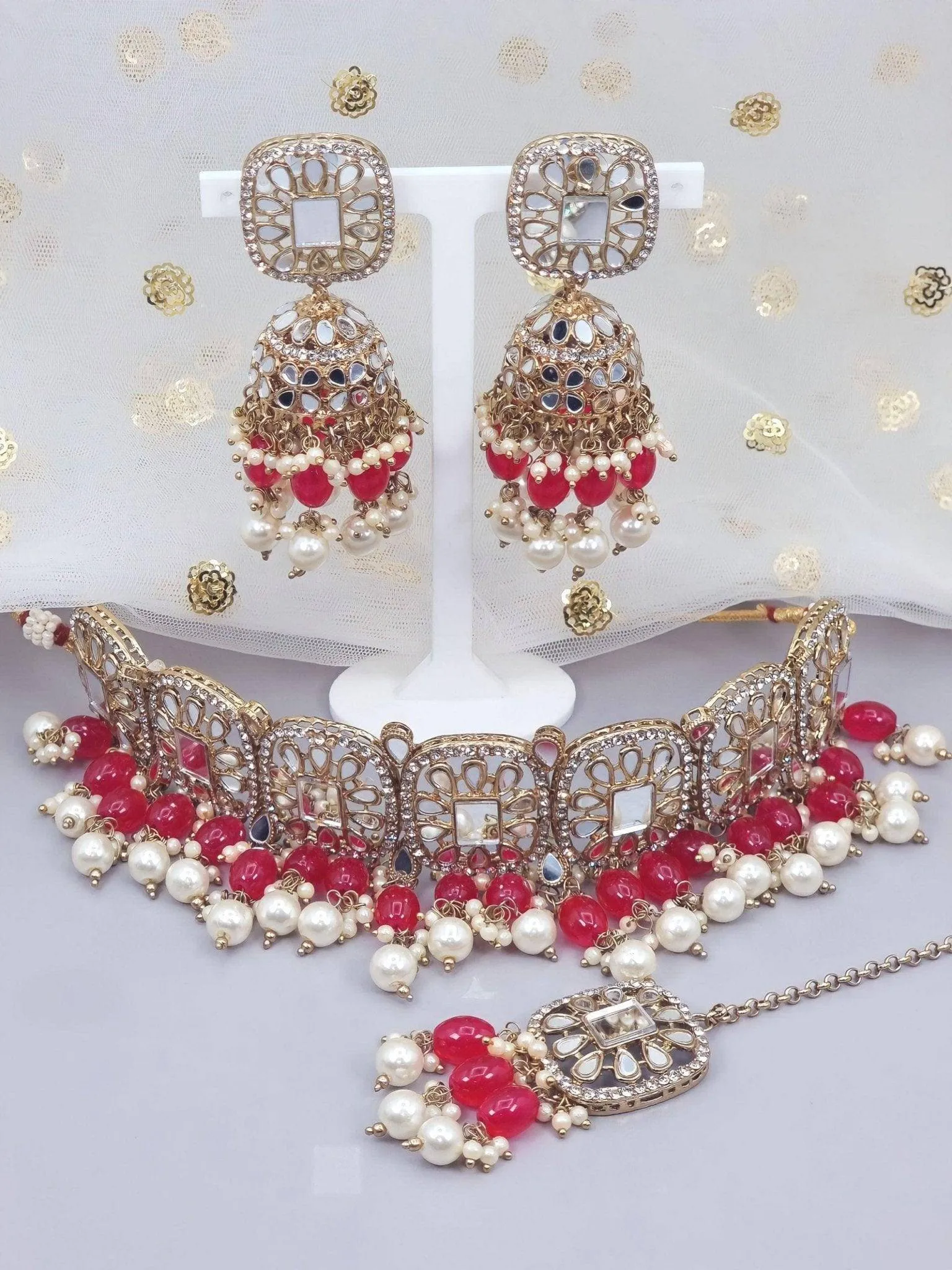MAYA - Beautiful Antique Gold Mirrored Bridal Necklace Set