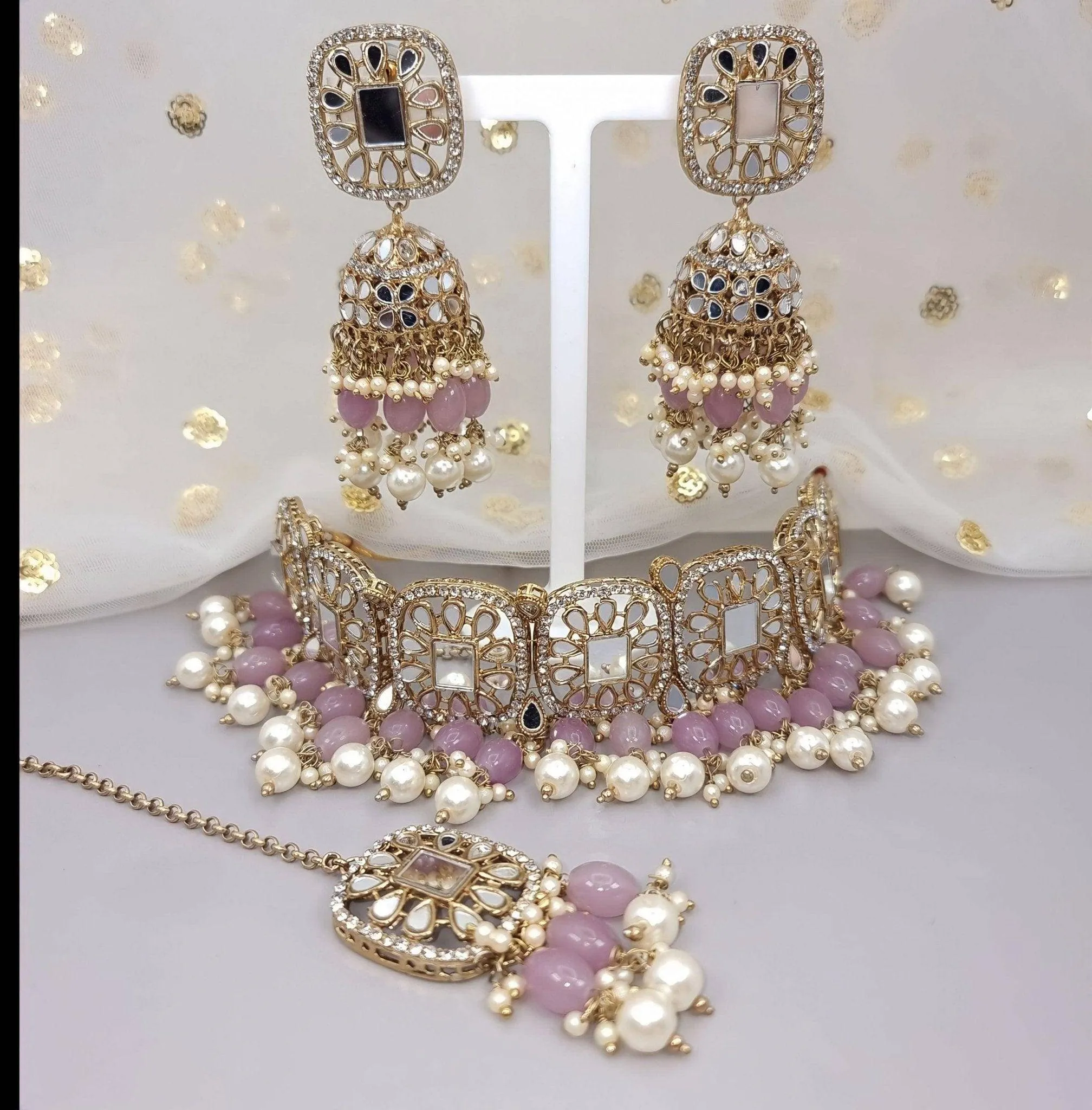 MAYA - Beautiful Antique Gold Mirrored Bridal Necklace Set