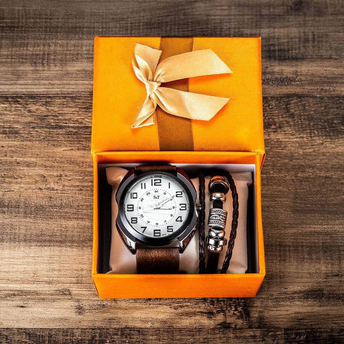 Men's Fashion Simple Belt Quartz Watch Bracelet Set-2pcs/Set