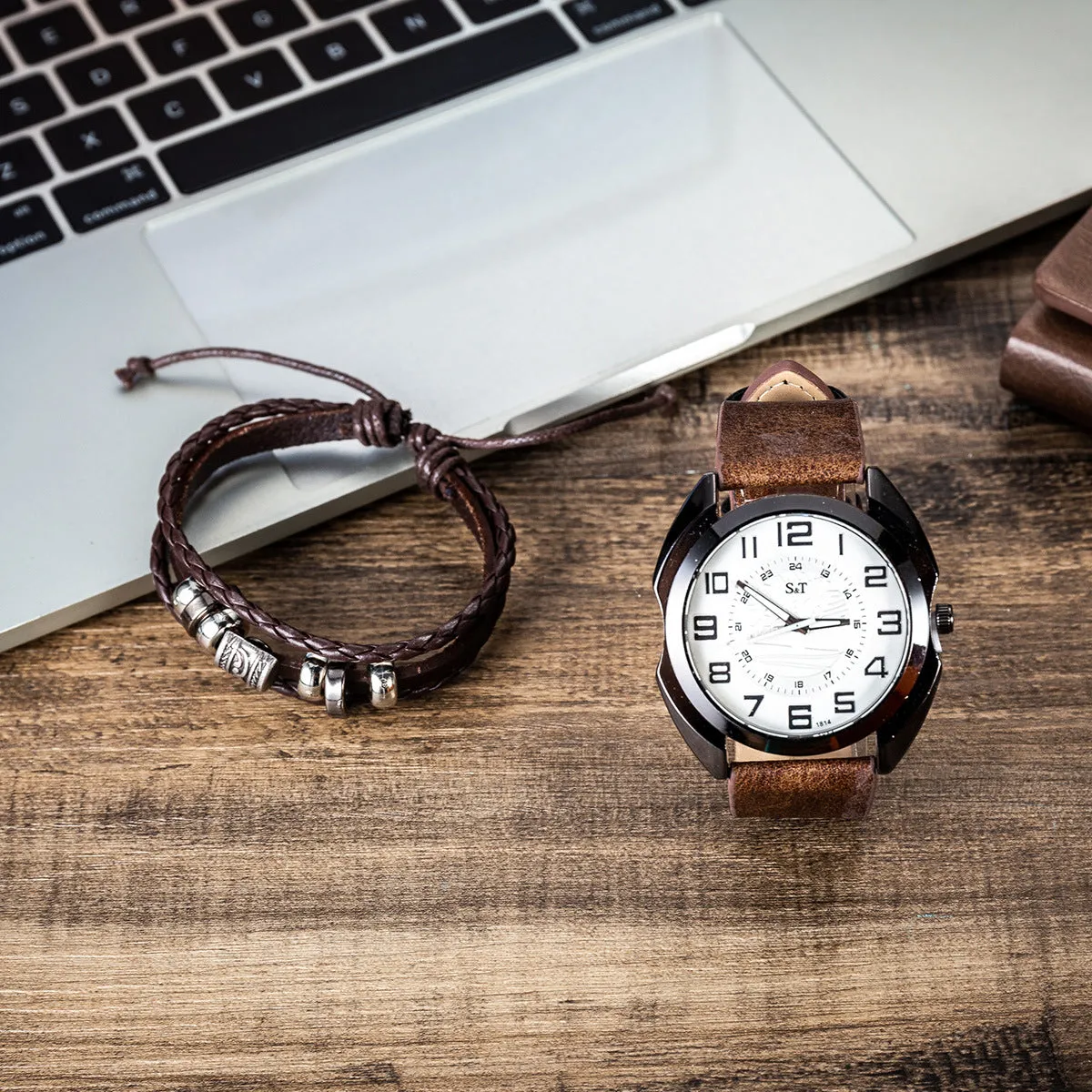 Men's Fashion Simple Belt Quartz Watch Bracelet Set-2pcs/Set
