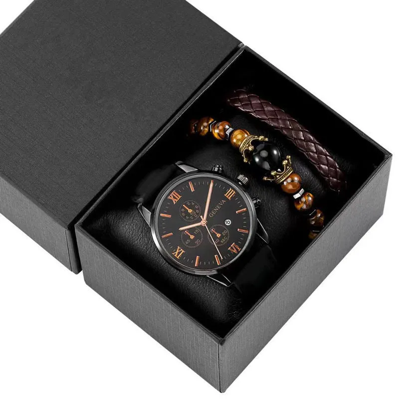Men's Fashion Simple Belt Quartz Watch Bracelet Set-2pcs/Set