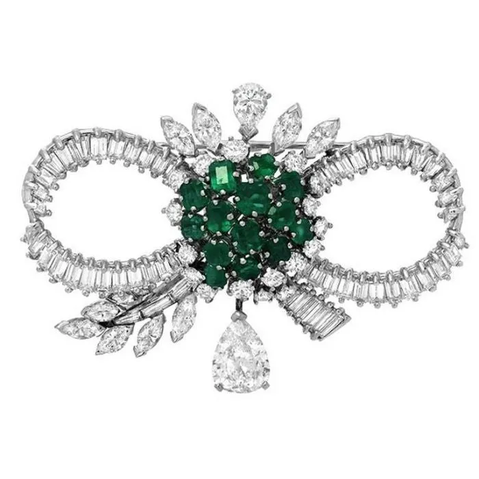 Mid-Century Emerald Diamond Platinum Bow Brooch