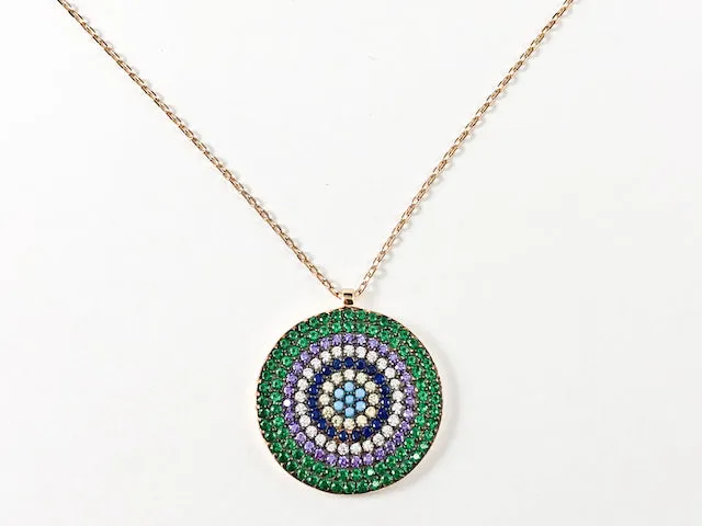 Modern Multi Row & Color Micro CZ Stones Circular Disc Pink Gold Tone Silver Necklace