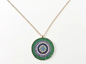 Modern Multi Row & Color Micro CZ Stones Circular Disc Pink Gold Tone Silver Necklace