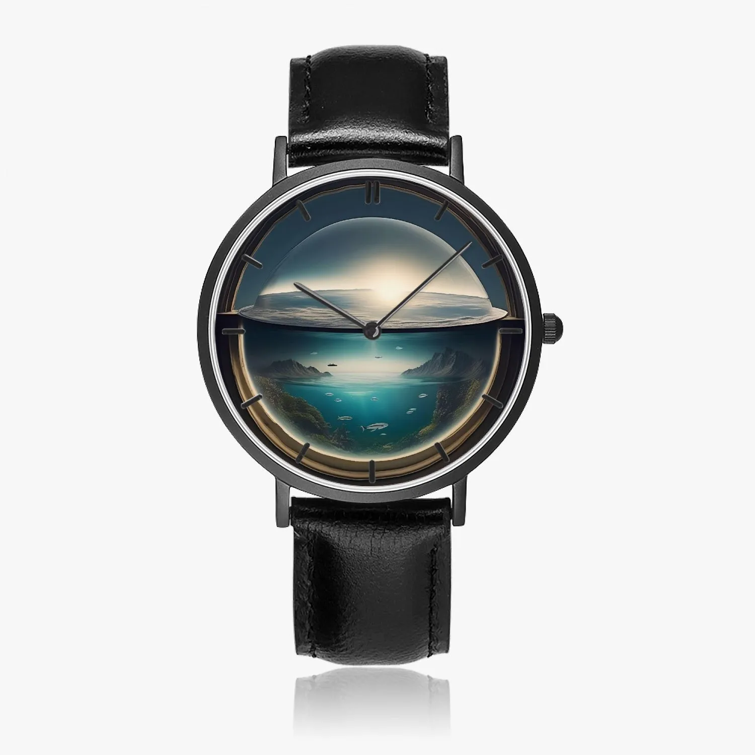 Montre à quartz avec bracelet en cuir ultra-fin  (noir avec indicateurs) "Déluge en bocal" (163)
