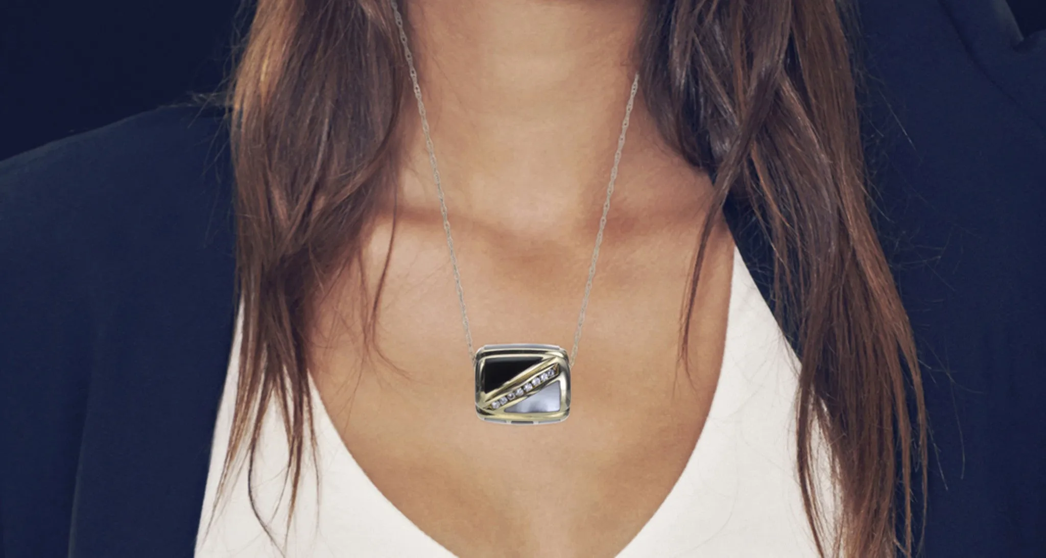 Mother Of Pearl, Onyx & Diamond Pendant Necklace