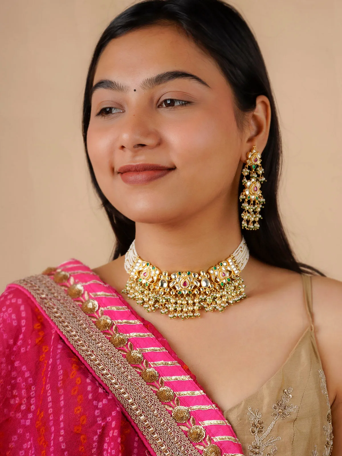 Multicolor Gold Plated Jadau Kundan Necklace Set - MS1499M