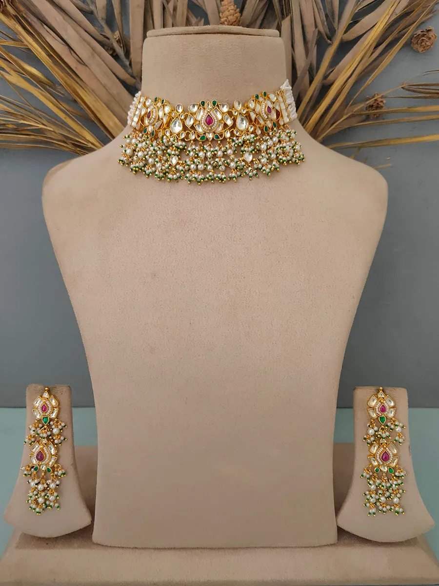 Multicolor Gold Plated Jadau Kundan Necklace Set - MS1499M
