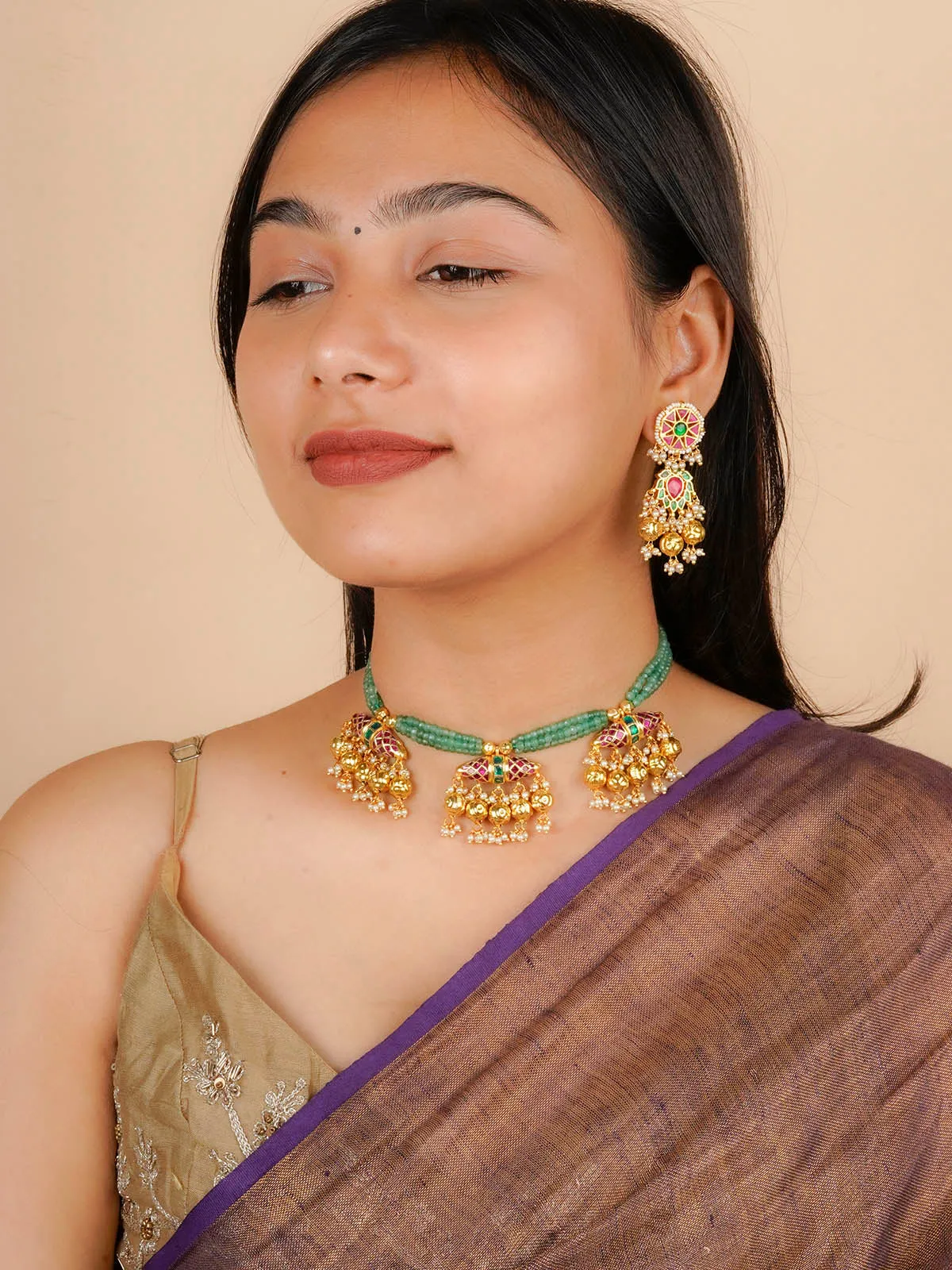 Multicolor Gold Plated Jadau Kundan Necklace Set - MS2073M