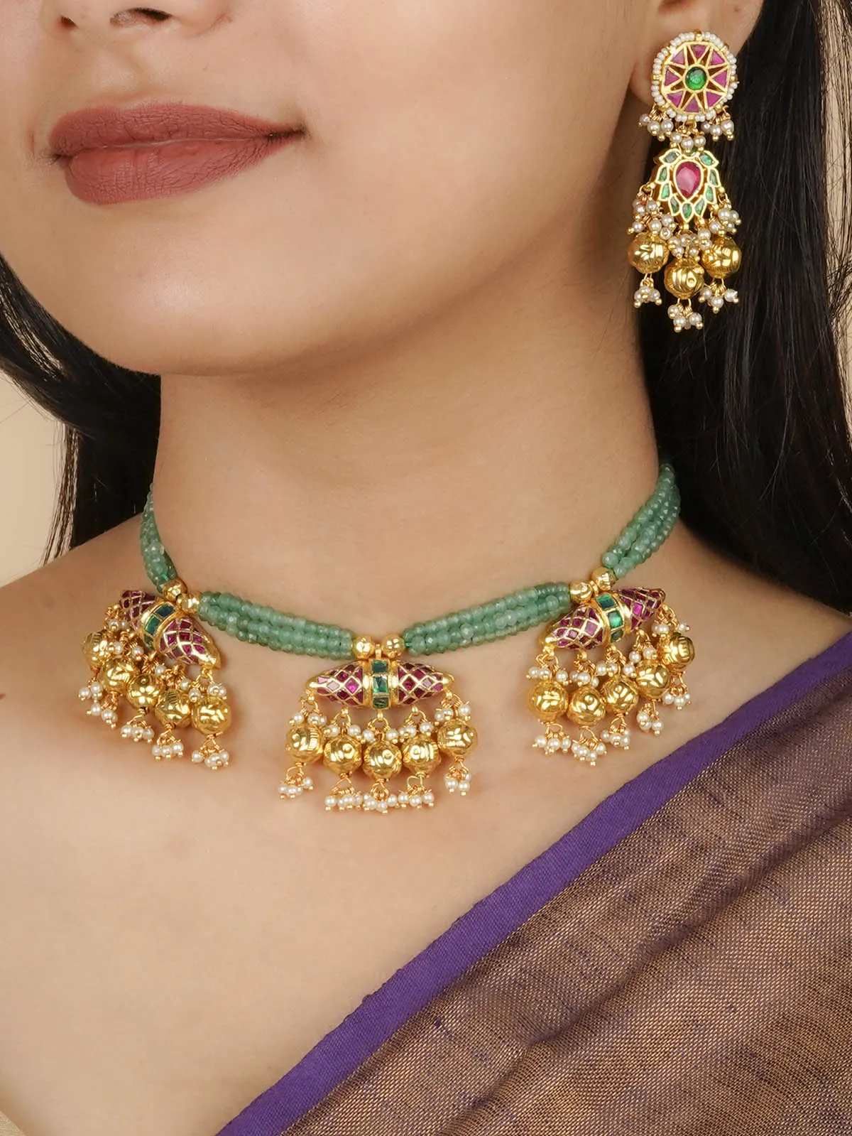 Multicolor Gold Plated Jadau Kundan Necklace Set - MS2073M