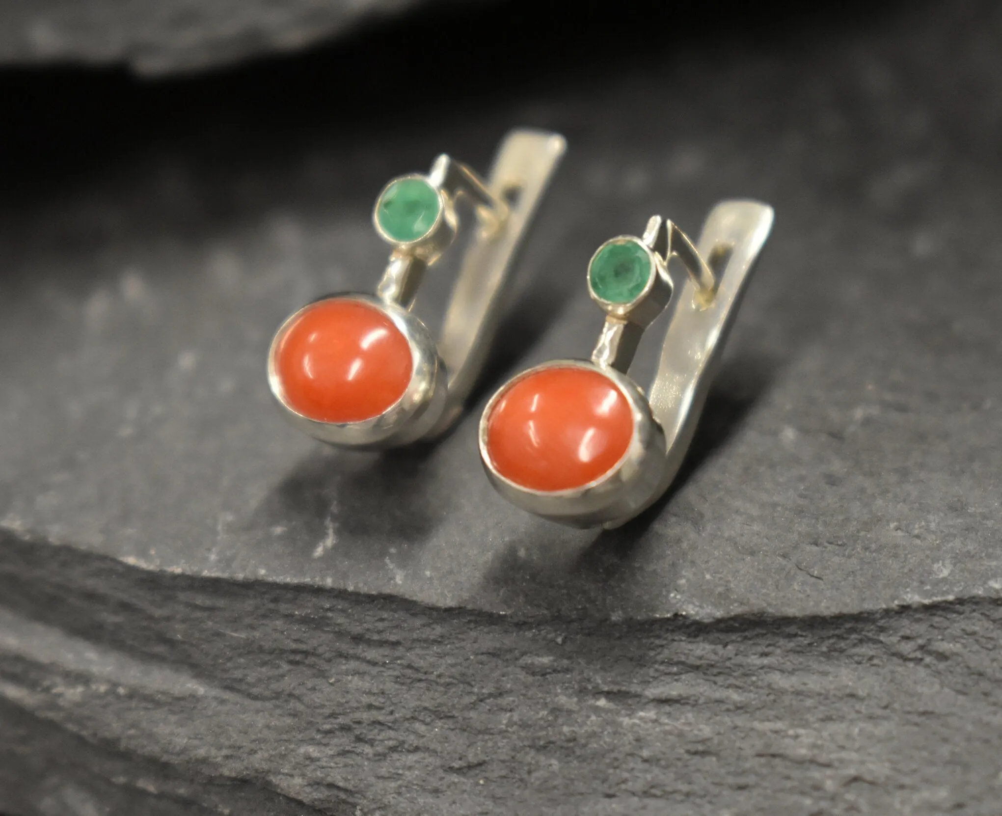 Natural Coral Earrings - Genuine Emerald Earrings - Red Green Earrings