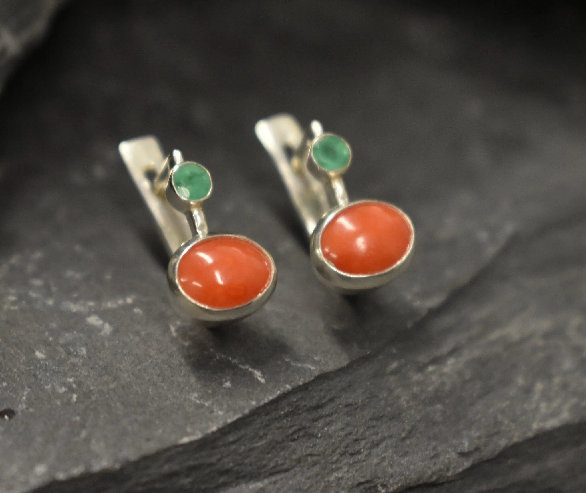 Natural Coral Earrings - Genuine Emerald Earrings - Red Green Earrings