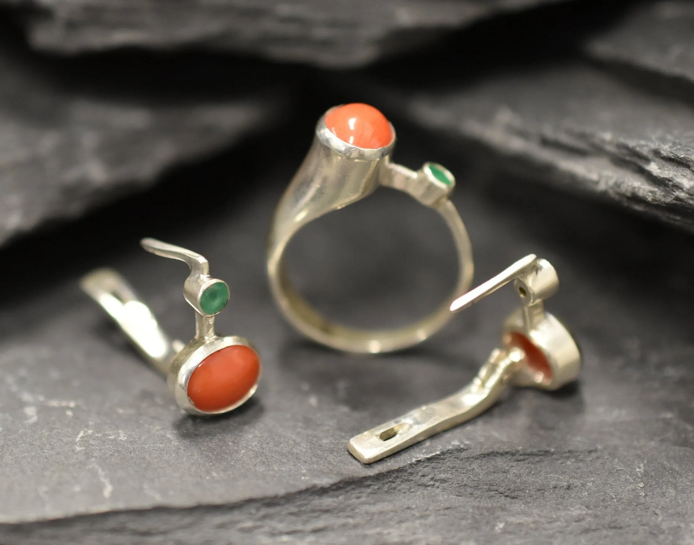 Natural Coral Earrings - Genuine Emerald Earrings - Red Green Earrings