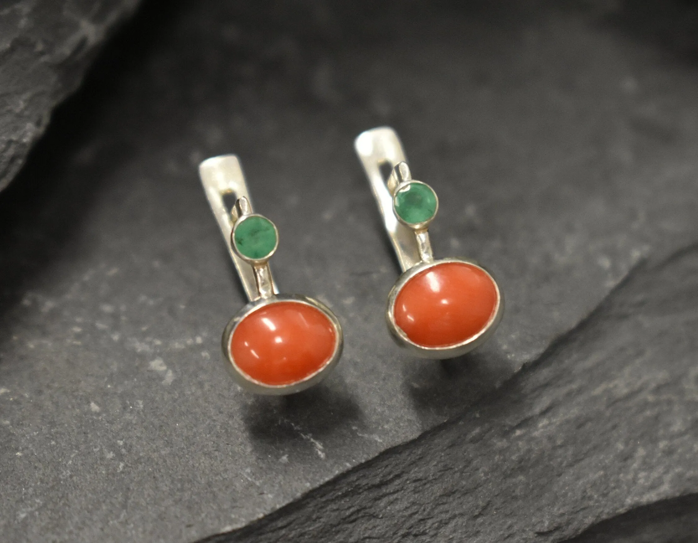 Natural Coral Earrings - Genuine Emerald Earrings - Red Green Earrings