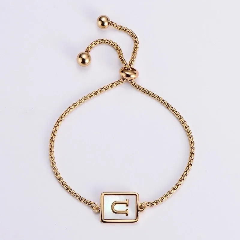 New Stainless Steel Rectangular Tag Inlaid White Shell Letter Bracelet