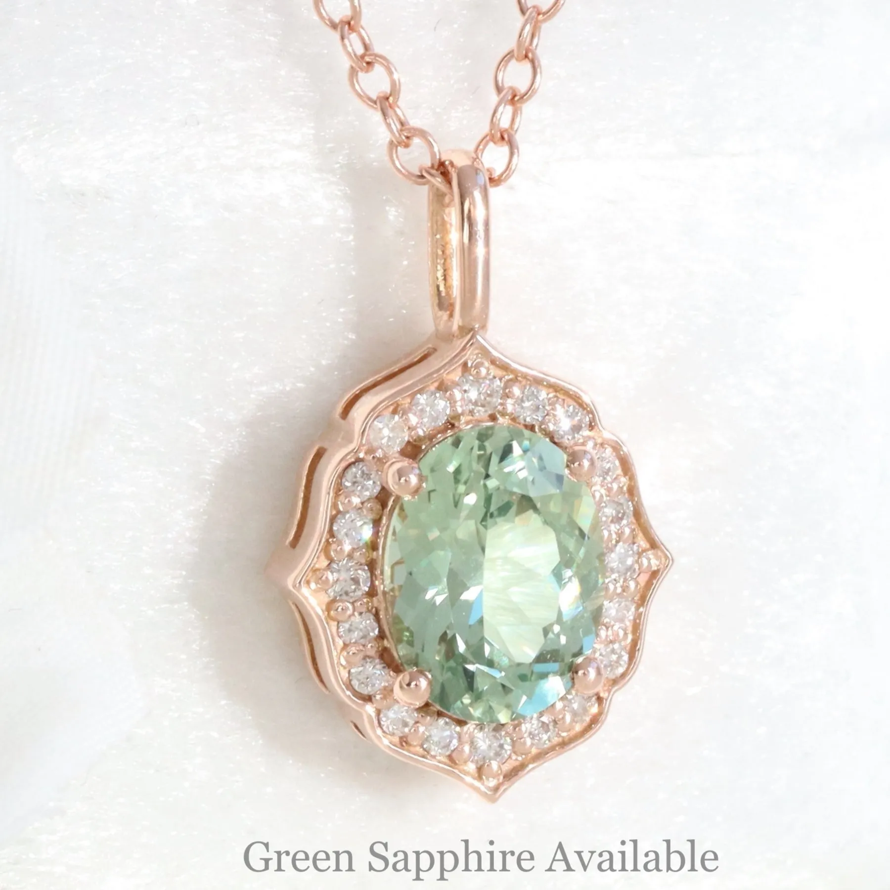 Oval Emerald Diamond Necklace in 14k Gold Vintage Floral Halo Pendant