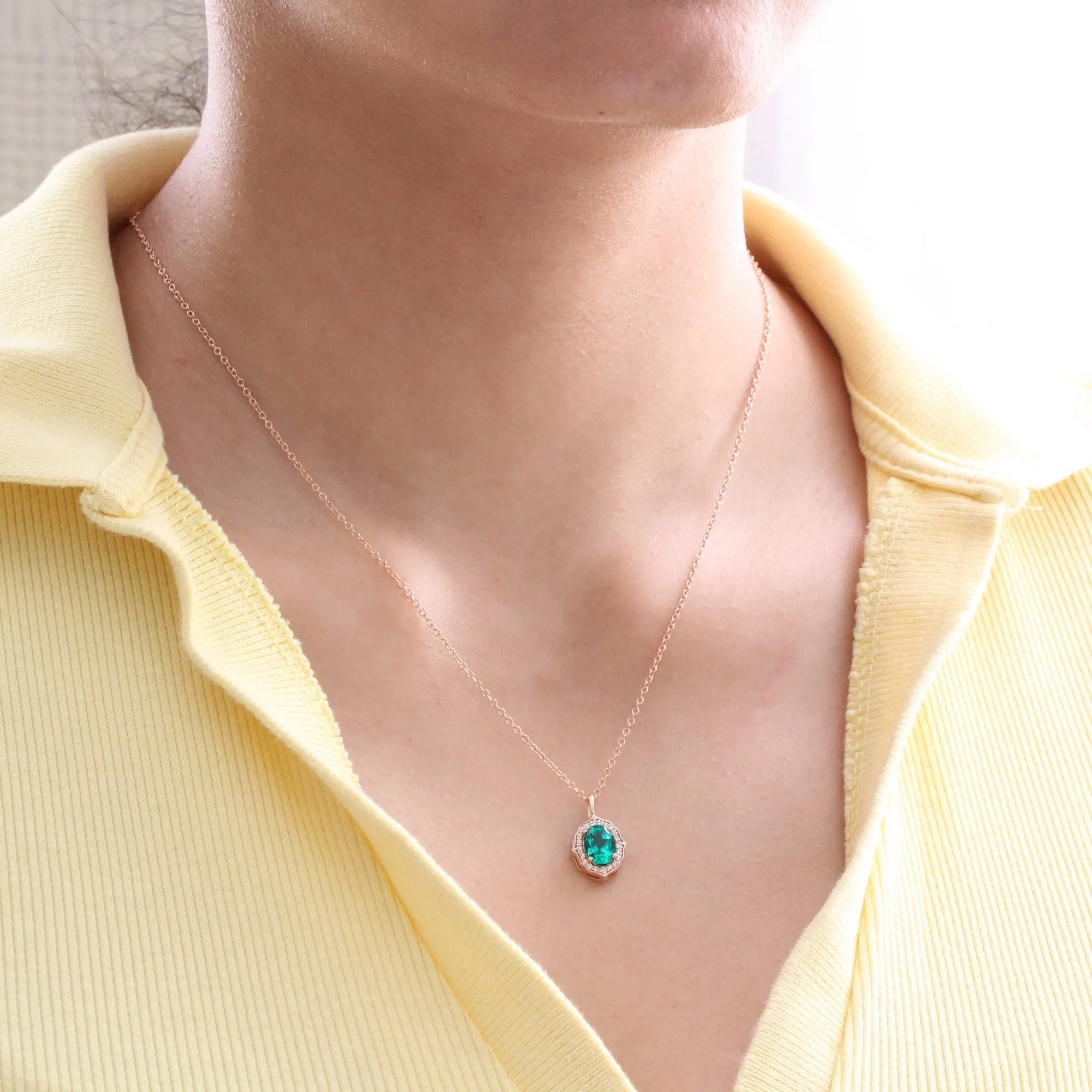 Oval Emerald Diamond Necklace in 14k Gold Vintage Floral Halo Pendant