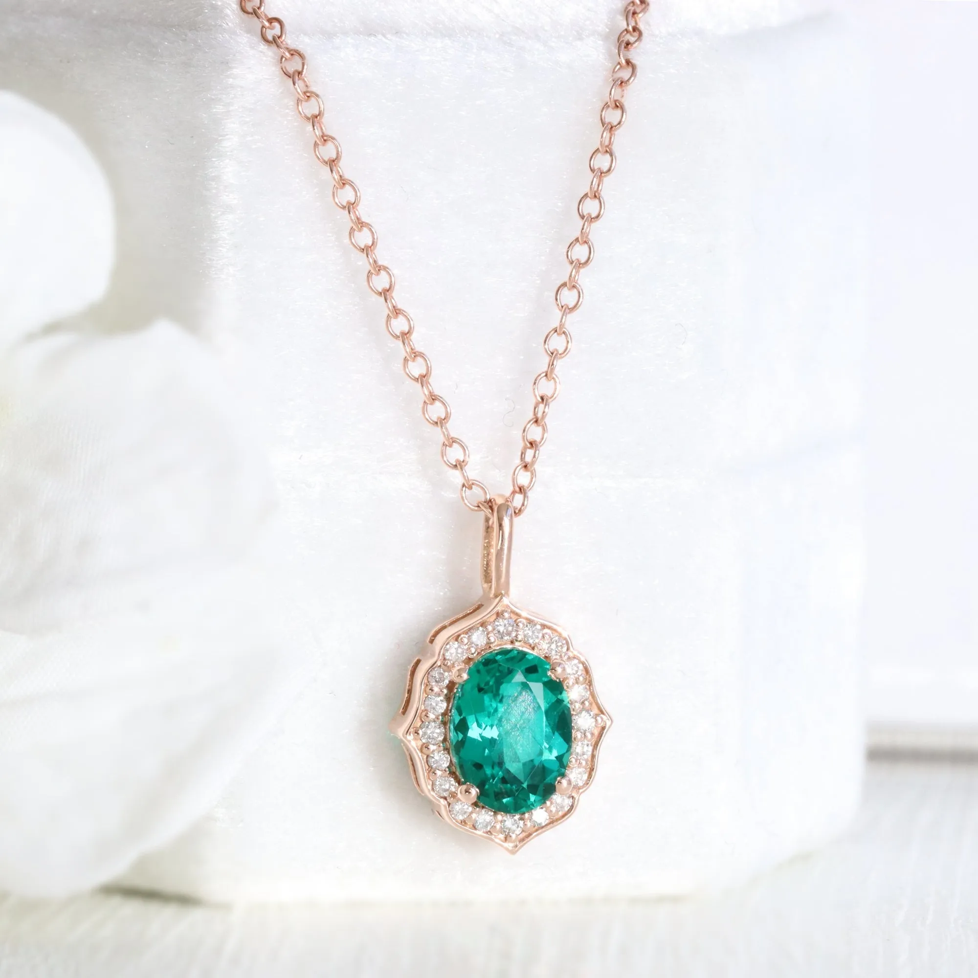 Oval Emerald Diamond Necklace in 14k Gold Vintage Floral Halo Pendant