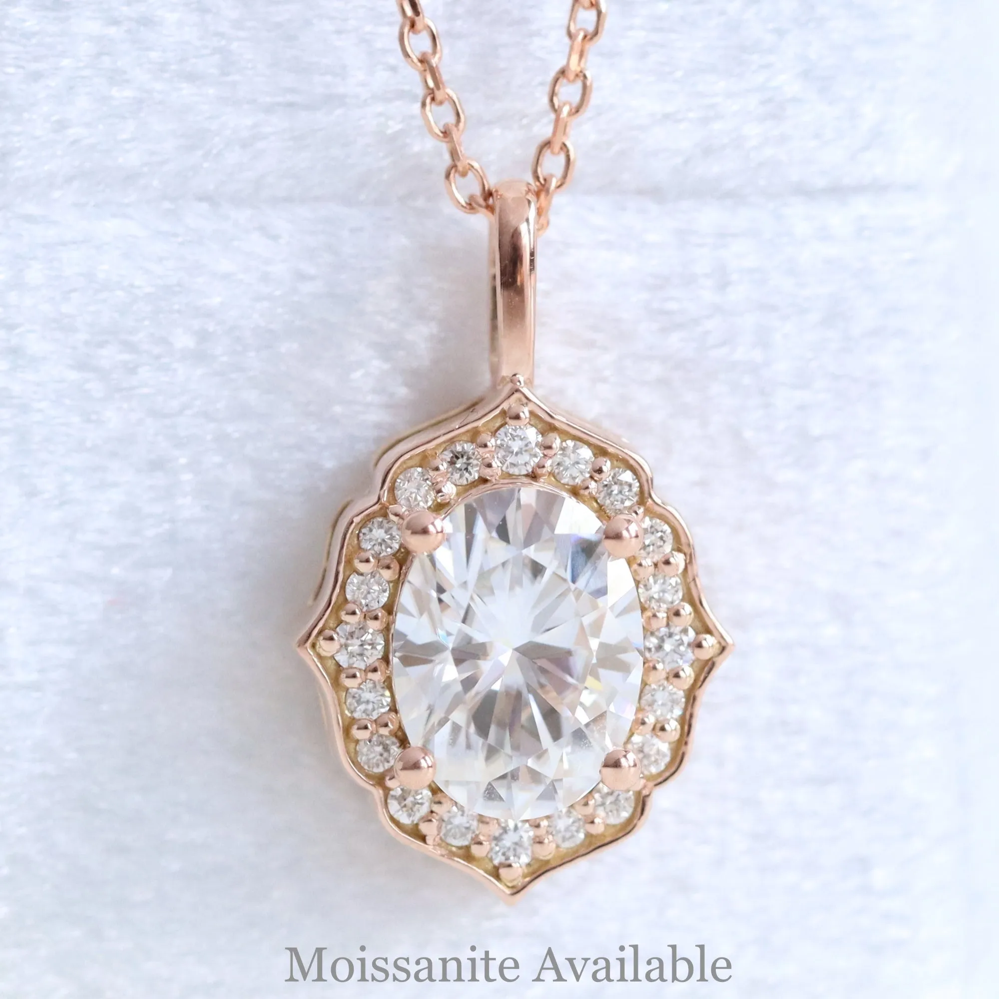 Oval Emerald Diamond Necklace in 14k Gold Vintage Floral Halo Pendant