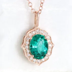 Oval Emerald Diamond Necklace in 14k Gold Vintage Floral Halo Pendant