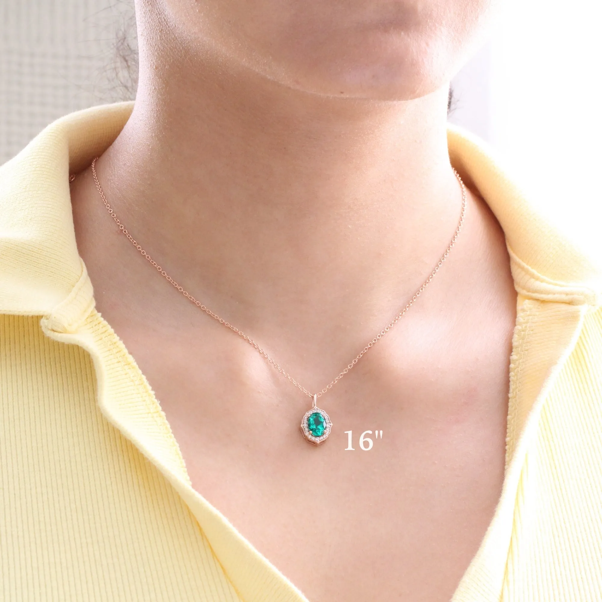 Oval Emerald Diamond Necklace in 14k Gold Vintage Floral Halo Pendant