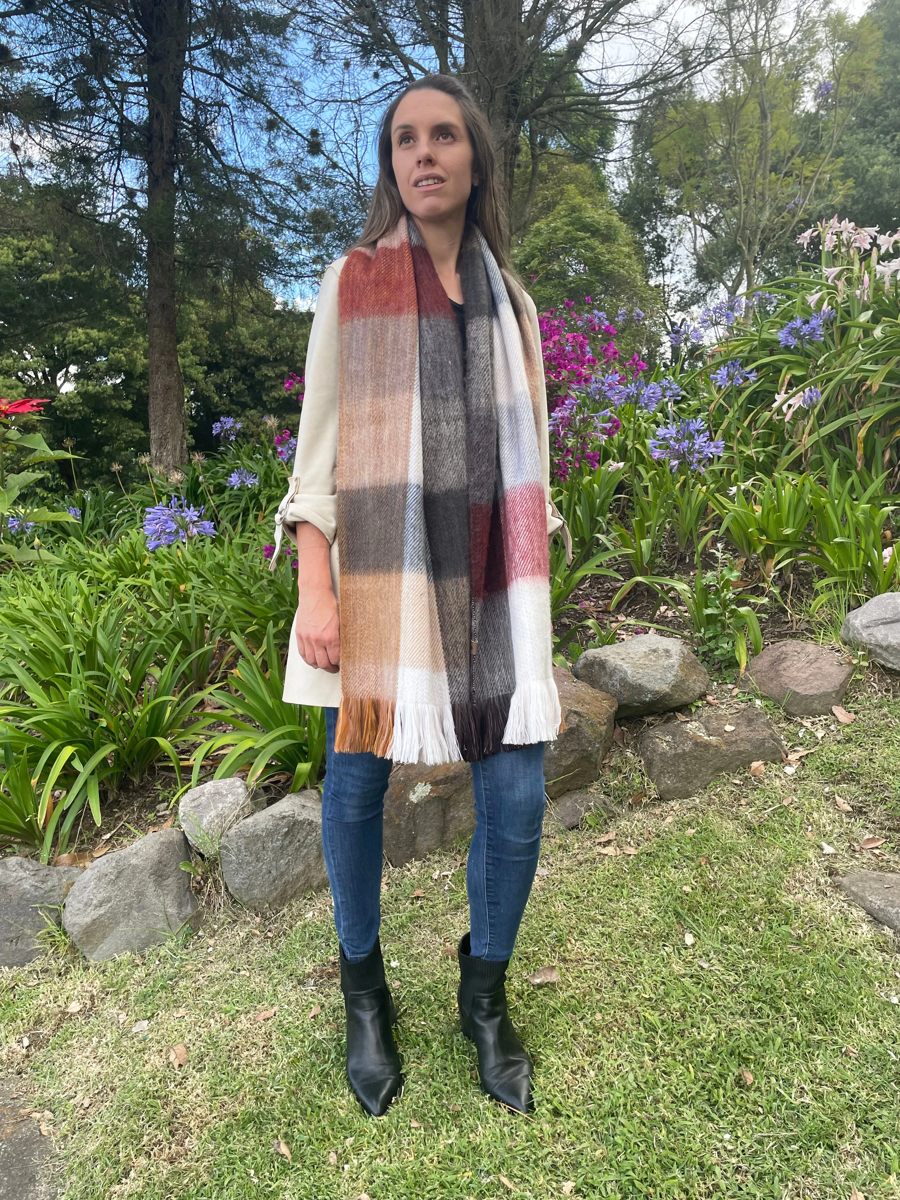 Oversized Elegant Natural Tone Patchwork Alpaca Scarf