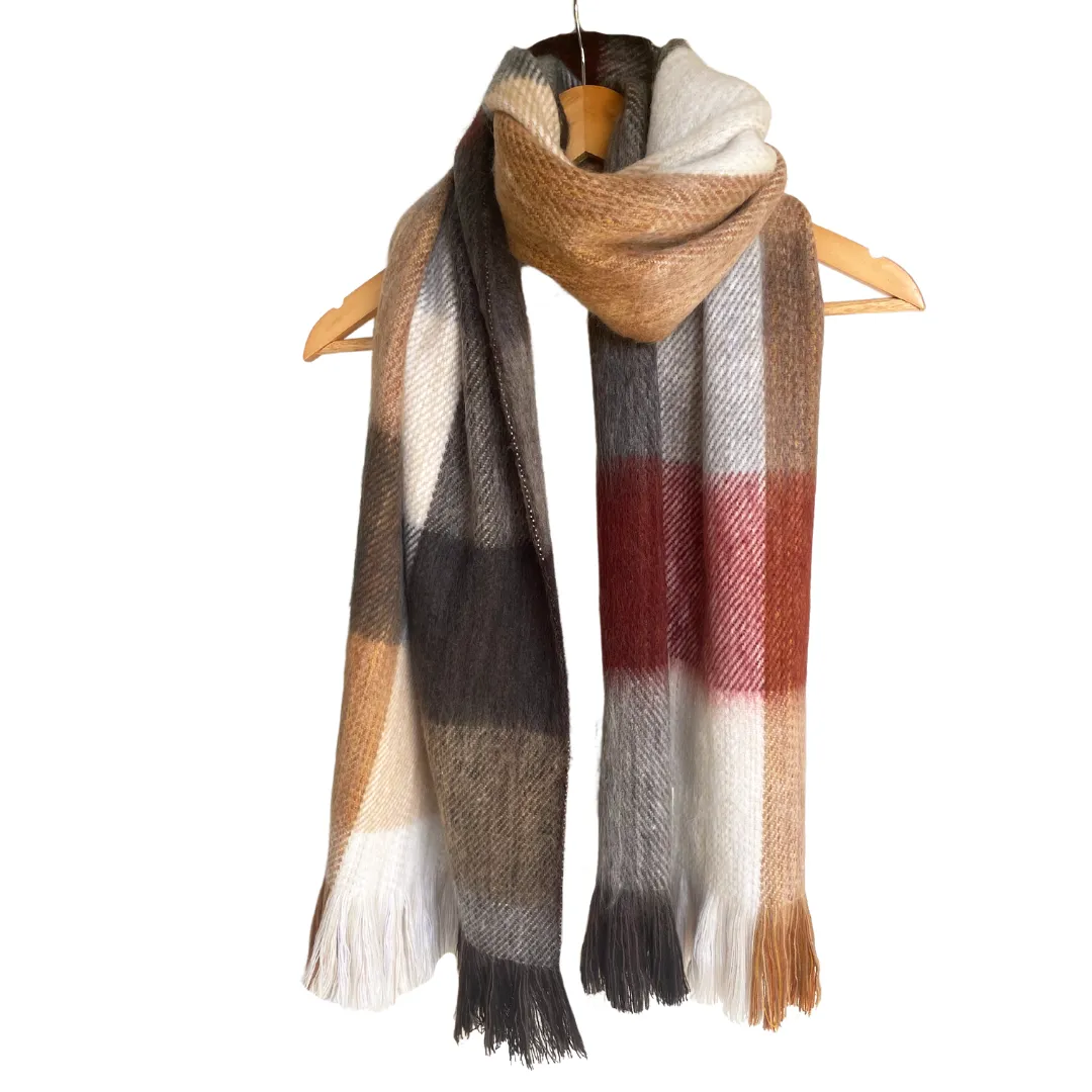 Oversized Elegant Natural Tone Patchwork Alpaca Scarf