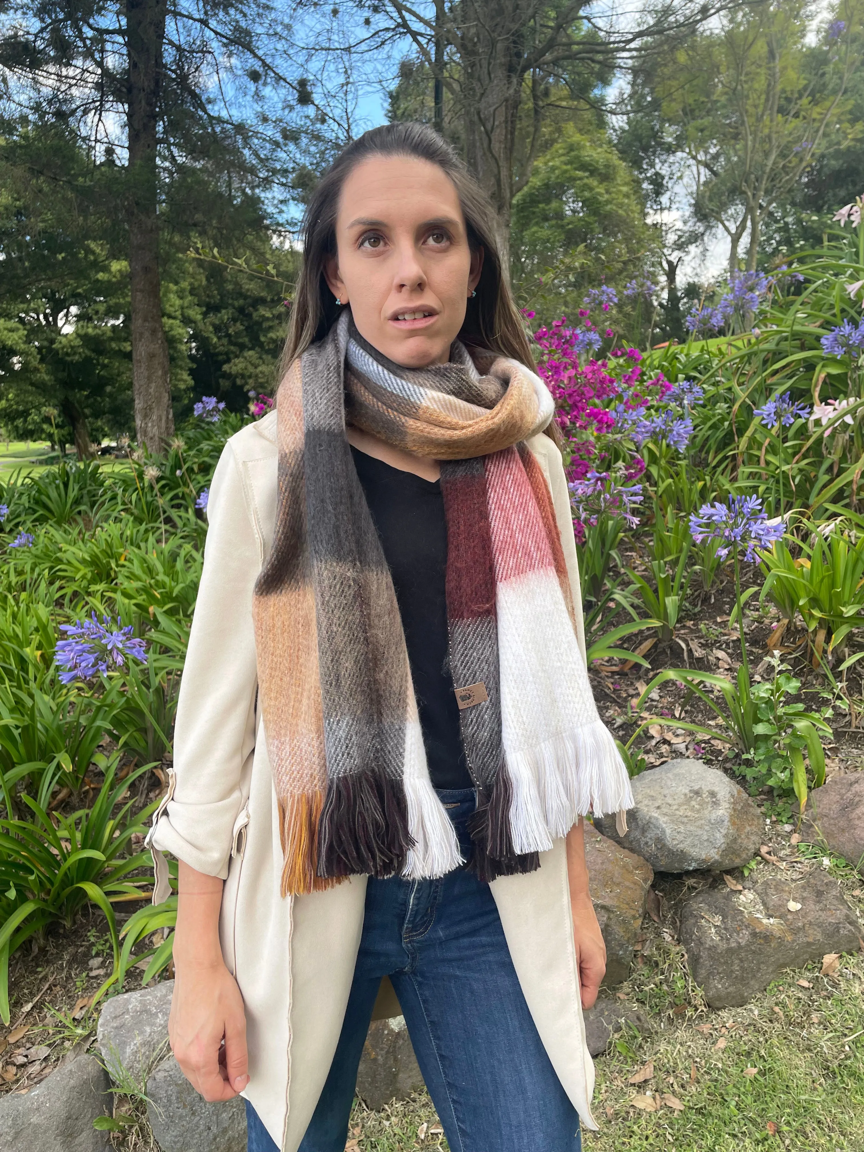 Oversized Elegant Natural Tone Patchwork Alpaca Scarf