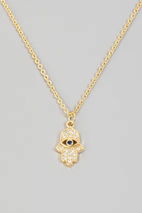 Pave Hamsa Rhinestone Hand Pendant Necklace in Gold