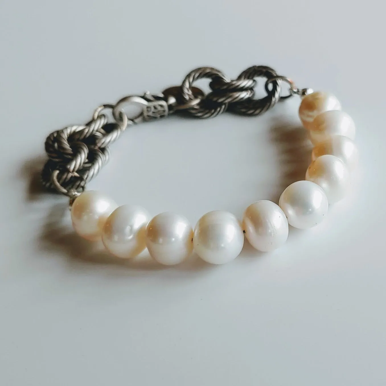 Pearl & Silver Twisted Link Bracelet