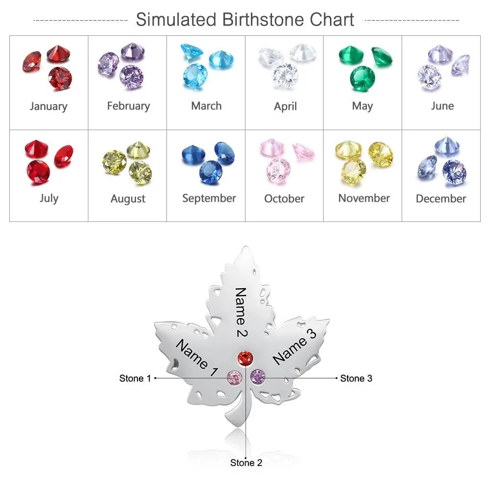 Personalized Engraving Name Maple Leaf 3 Birthstone Brooch for Women