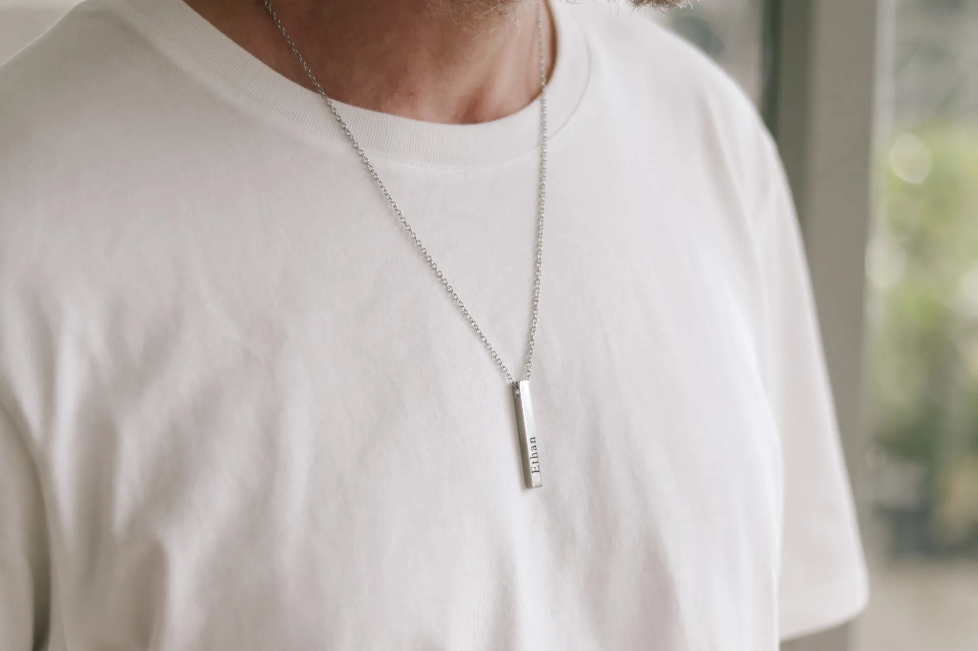 Personalized Name Necklace For Men, Men's Initial Bar Necklace, Silver Stainless Steel Chain, Custom Mens Jewelry, Gift For Father