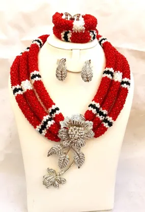PrestigeApplause Elegant Customised Black Red & White Mixed Elegant African Beads Necklace Jewellery Set