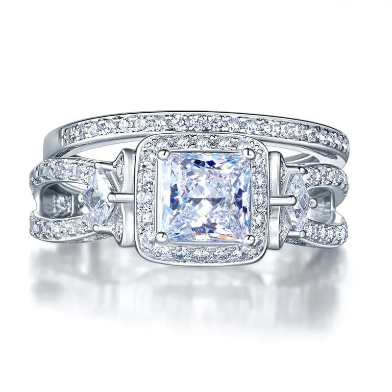 Princess Cut 925 Sterling Silver Wedding Engagement Ring Set Anniversary Simulated Diamond