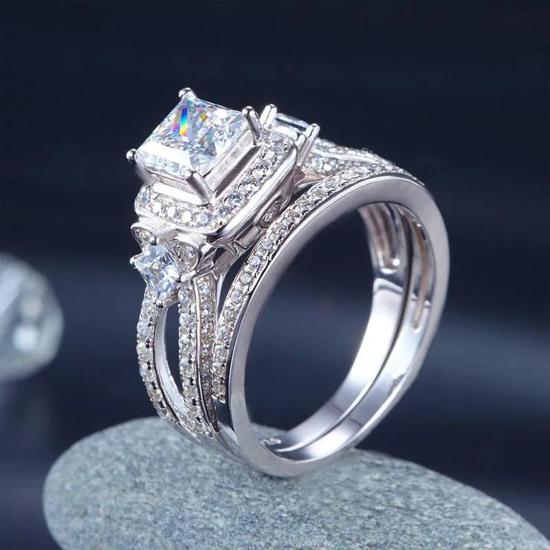 Princess Cut 925 Sterling Silver Wedding Engagement Ring Set Anniversary Simulated Diamond