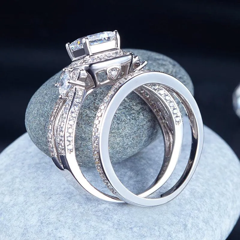 Princess Cut 925 Sterling Silver Wedding Engagement Ring Set Anniversary Simulated Diamond