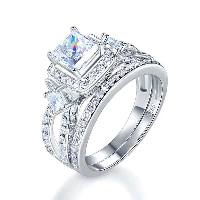 Princess Cut 925 Sterling Silver Wedding Engagement Ring Set Anniversary Simulated Diamond