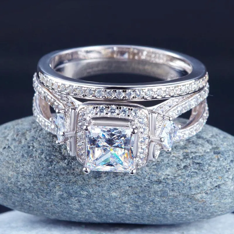 Princess Cut 925 Sterling Silver Wedding Engagement Ring Set Anniversary Simulated Diamond